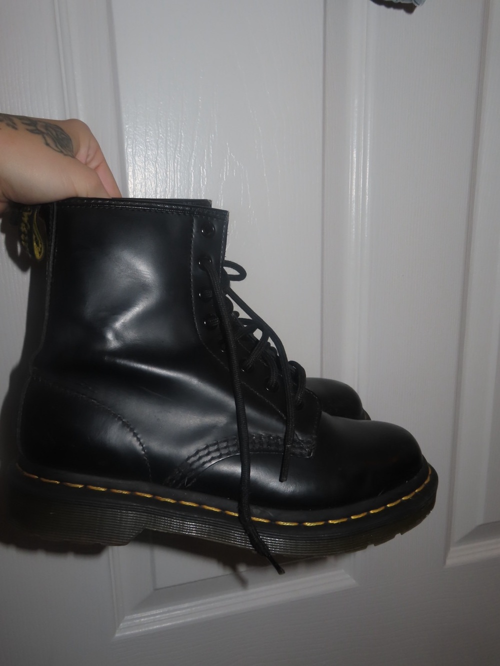 Dr. Martens Black Lace-Up Leather Boots with Yellow Stitching